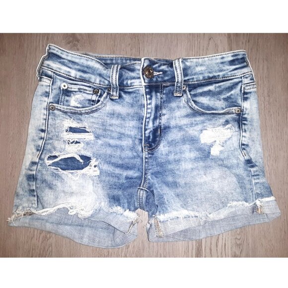 American Eagle Stretch Midi Jean Shorts Size 4 Distressed Denim Light Acid Wash - Picture 1 of 5